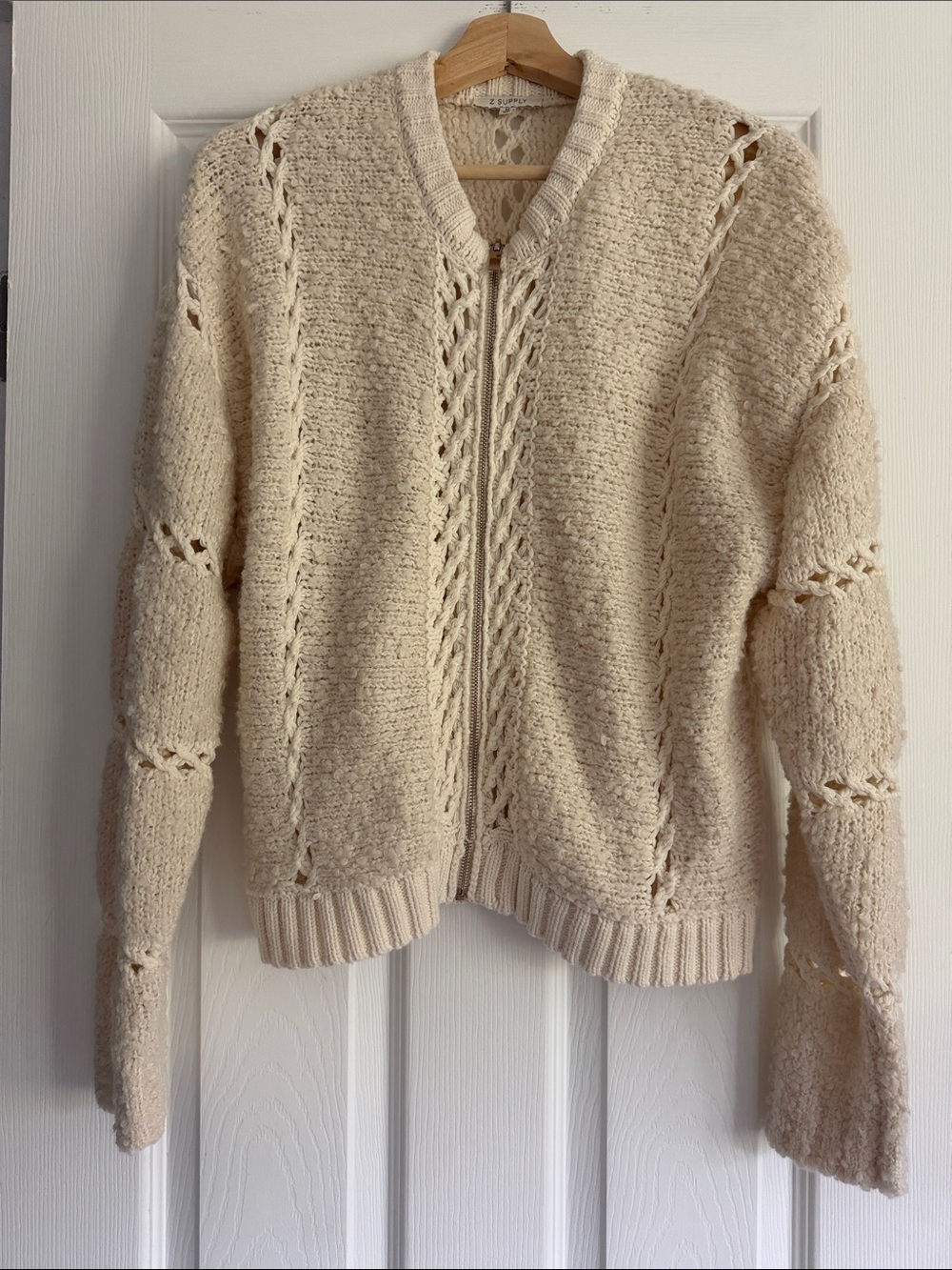 Z Supply Soft Ivory Open Knit Wool Blend Zip-Front Cardigan Size M